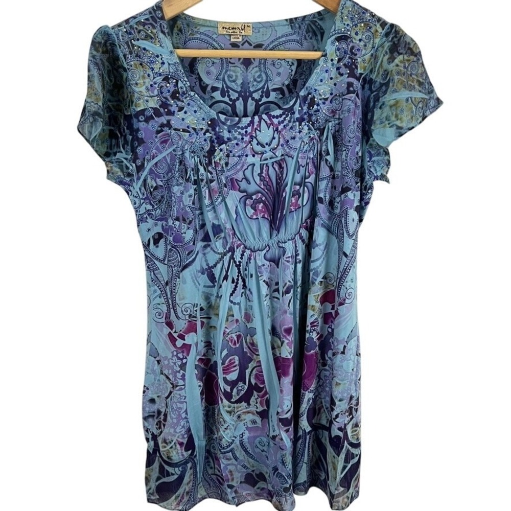 One World Womens Flutter Sleeve Beaded Top Size M Blue Artsy Boho Y2K Fairy